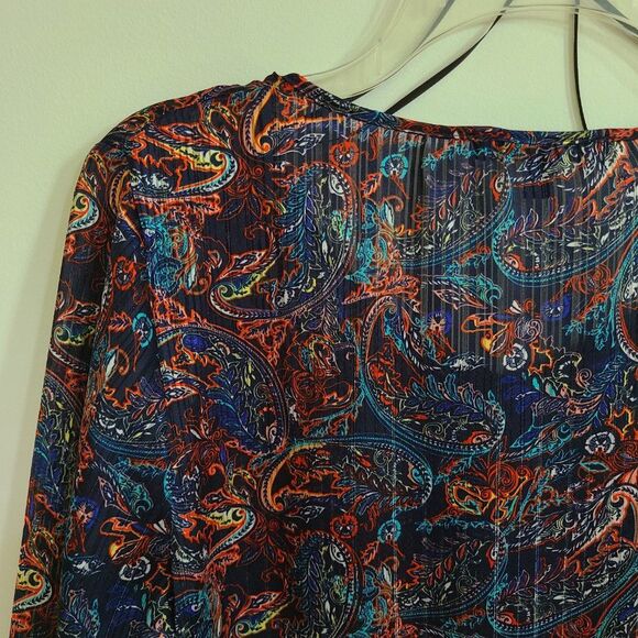 Relativity Black Paisley Gathered Blouse Multi Color 3/4 Bell Sleeve Sz Medium - Picture 11 of 16